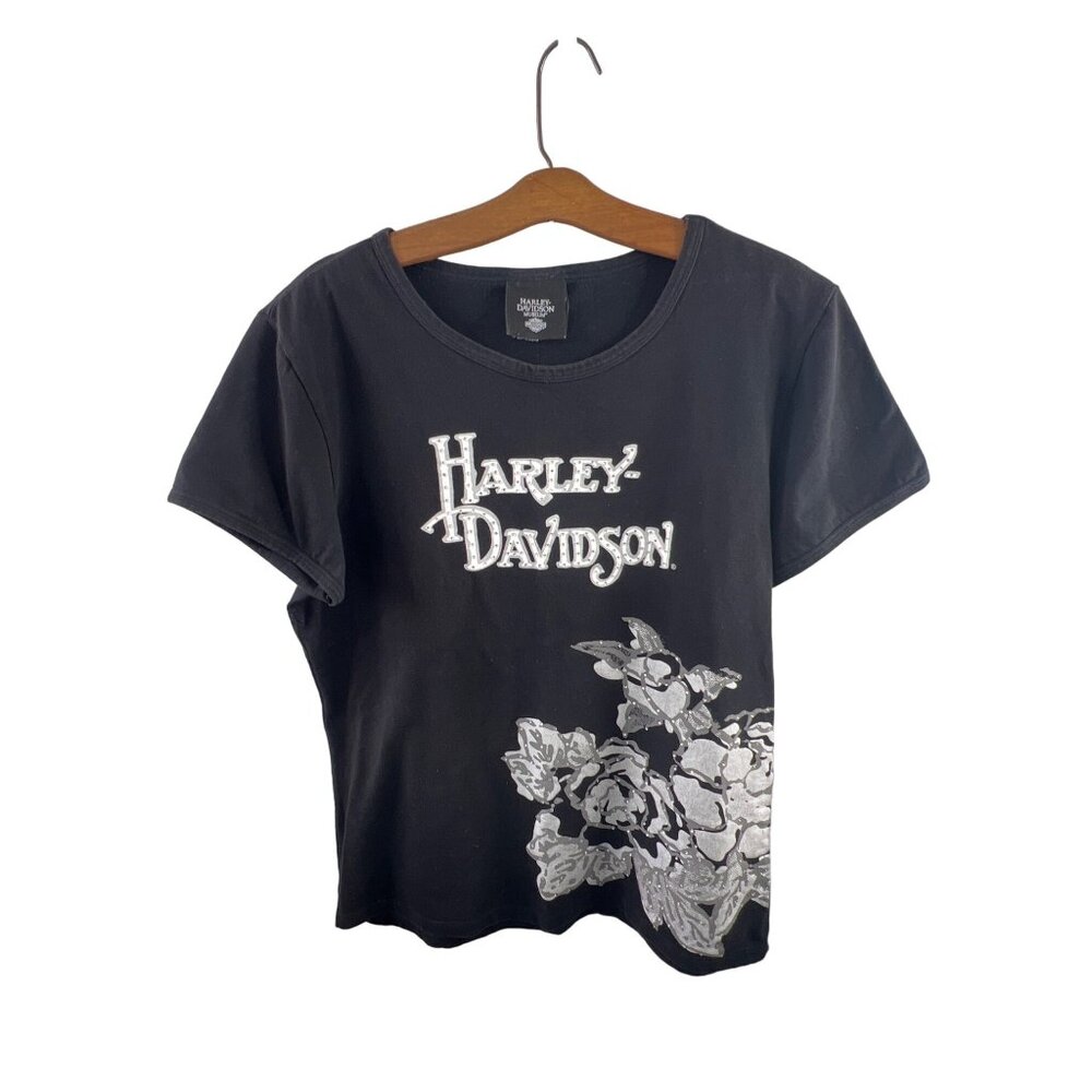 Harley-Davidson Museum Tshirt Size XL Black Rhinestone Floral Graphic Tee Shirt